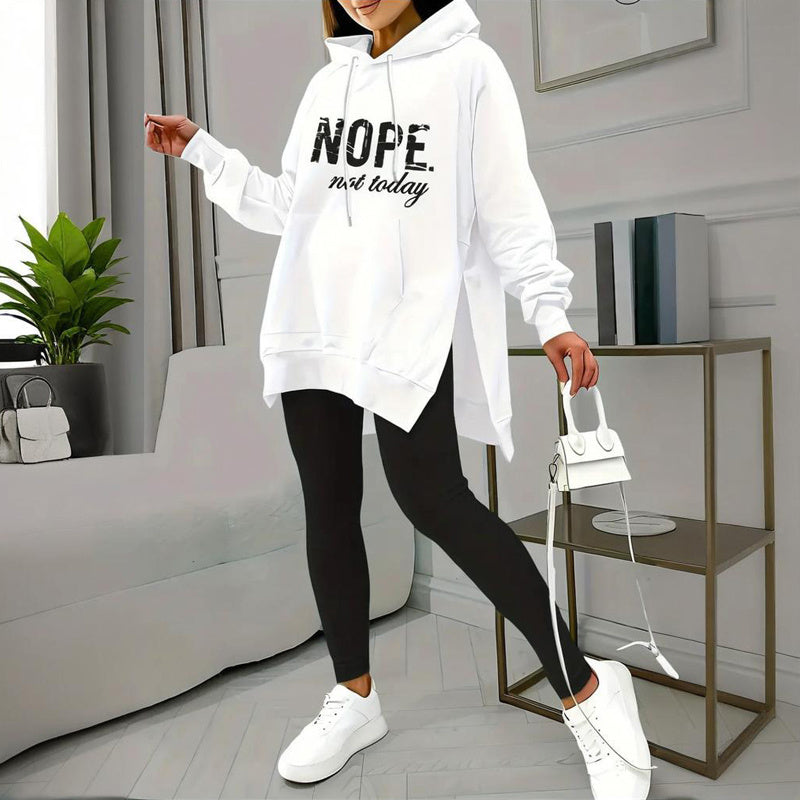 Women's Casual 2-Piece Set Solid Color Leggings & Letter Print Pocket Drawstring Hooded Sweatshirt With Split Hem Spring Fall Fashion Outfit