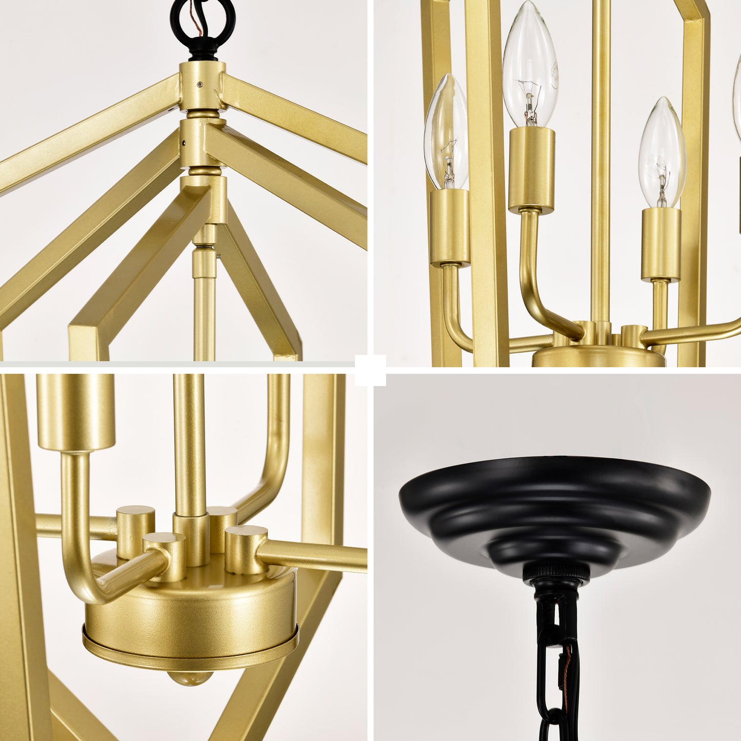 4-Light Farmhouse Kitchen Chandeliers, Vintage Cage Light Fixture Adjustable Height Chandeliers For Dining Room Hallway Foyer Entryway E12 Bulbs Not Included-GOLD MATTE BLACK