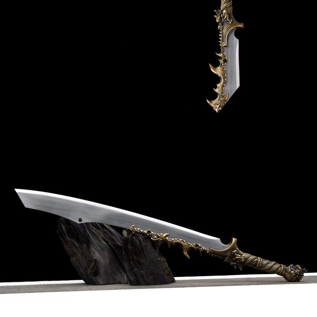 Integrated Blades Flaming Frenzy Saber, Dragon Slaying Saber, Long Style Ox Tail Saber  High Manganese Steel Unsharpened Cold Weapon Crafts