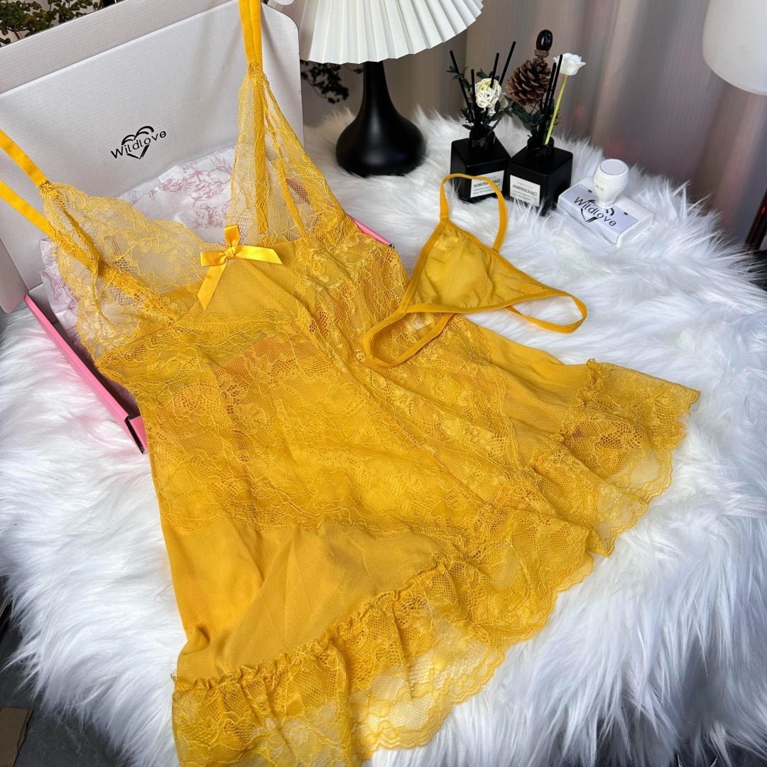 Women's One Piece Sexy And Cute Style Lace Cami NiahtdressRuffle Hem Sheer Babydoll Chemise Nightgown,fashionsleepwear Sultry Lingerie