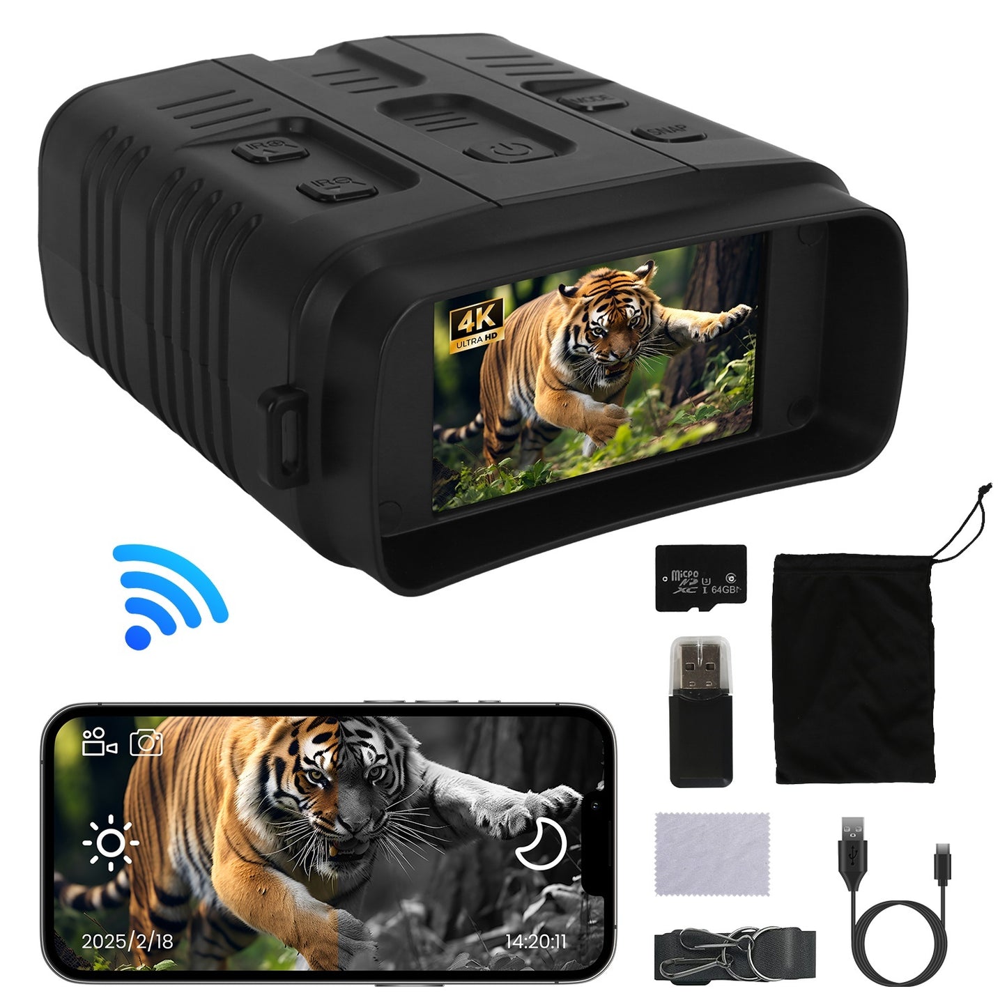 1Pc Night Vision Goggles 4K Full-Color Binoculars 10X Zoom With 2624ft Viewing Range 3in Screen 64G MMC Card WIFI APP Control Save Photo And Video For Camping Hunting & Security