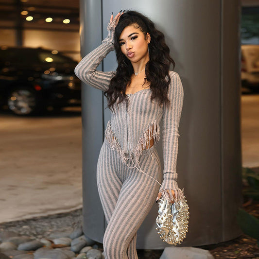 Irregular Tassel Long-sleeve Zipper Knitted High Waist Trousers Two-piece Set