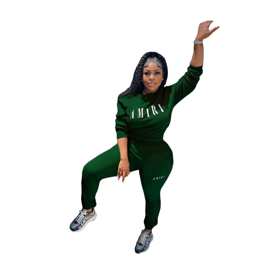 Printed Crew Neck Sweatshirt Two-piece Suit