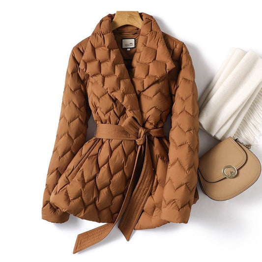 Winter Ripple-stitching Jacket With Belt Fashion Warm Pockets Lapel Coat Women's Temperament Lightweight Outwear Clothing