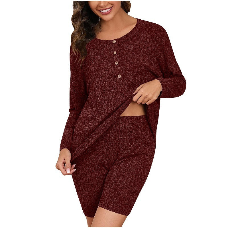 Women's Chic Rib Knitted Long-sleeved Top Shorts