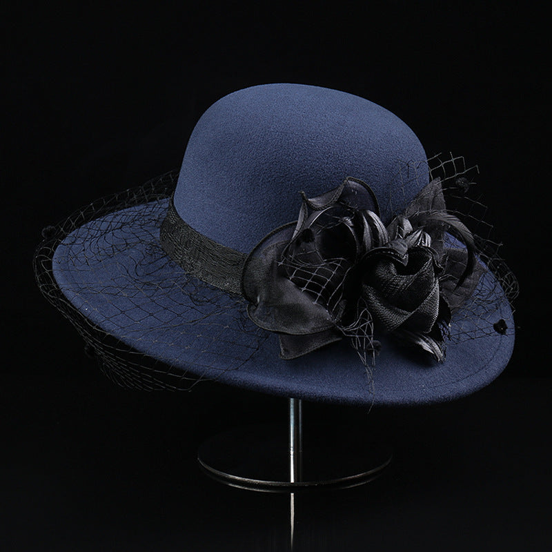 Net Yarn Flowers Woolen Basin Hat Female European And American French Hepburn Style
