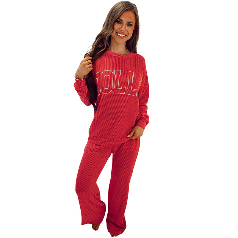 Letter Print Casual Suit Women's Long Sleeve Top And Trousers Two-piece Set