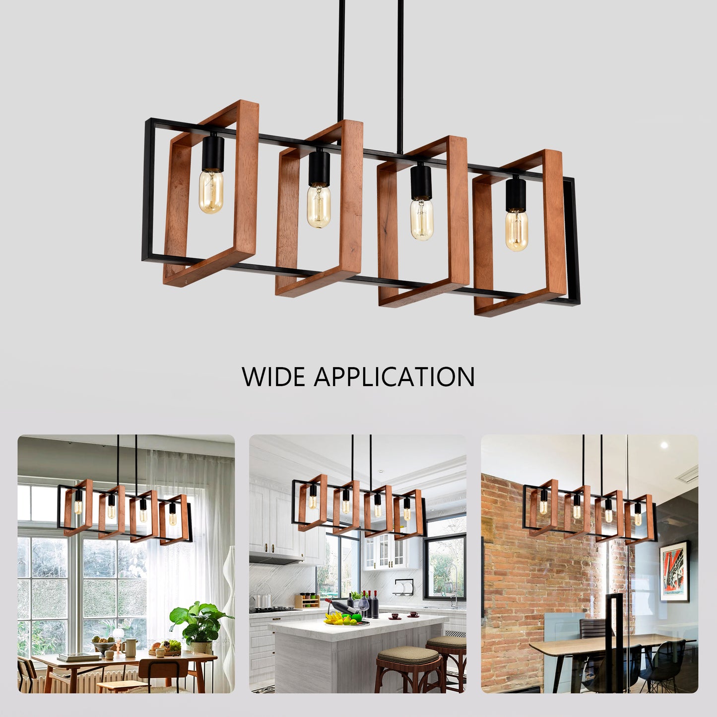 4-Light Kitchen Island Lights Pendant Light Farmhouse Dining Room Light Fixture, Rustic Wood And Black Metal Rectangular Chandelier,