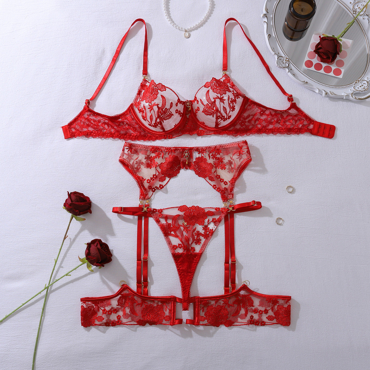 Gem Decoration Heavy Craft Rose Embroidered Slim Shaping Underwear Split Suit