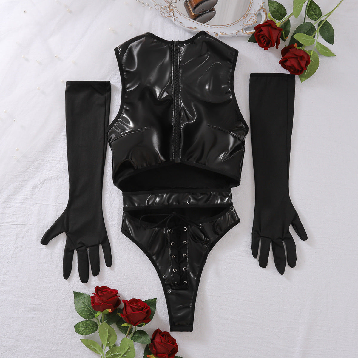 Patent Leather Chain Vest Hollow Out Strap Body-shaping Corsets Gloves Two-piece Set