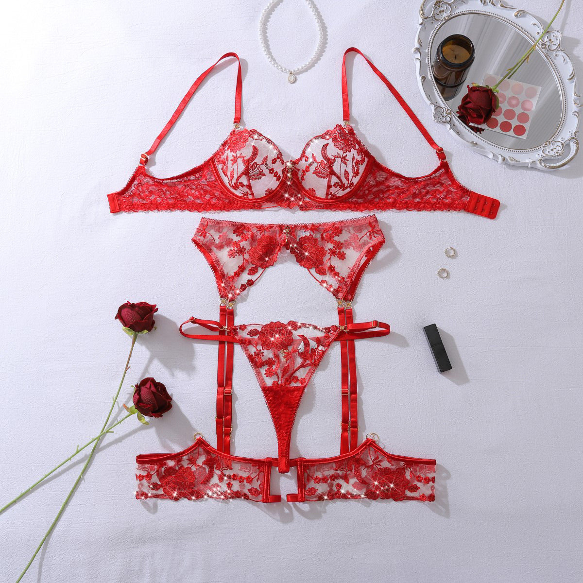 Gem Decoration Heavy Craft Rose Embroidered Slim Shaping Underwear Split Suit