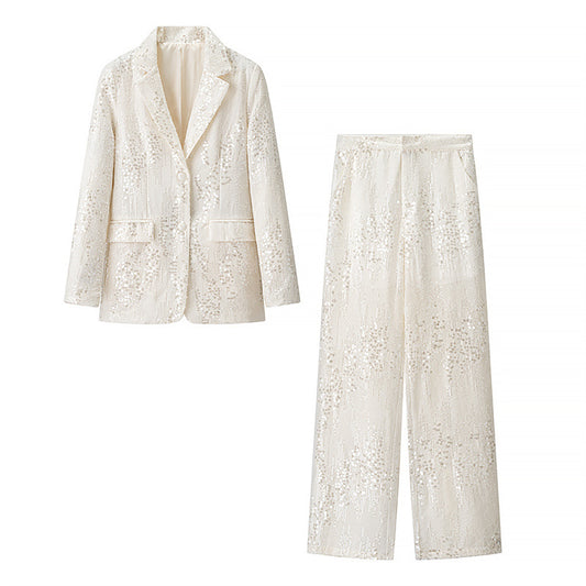 Fashion Temperament Elegant Loose Lapel Print Suit Coat & Trousers