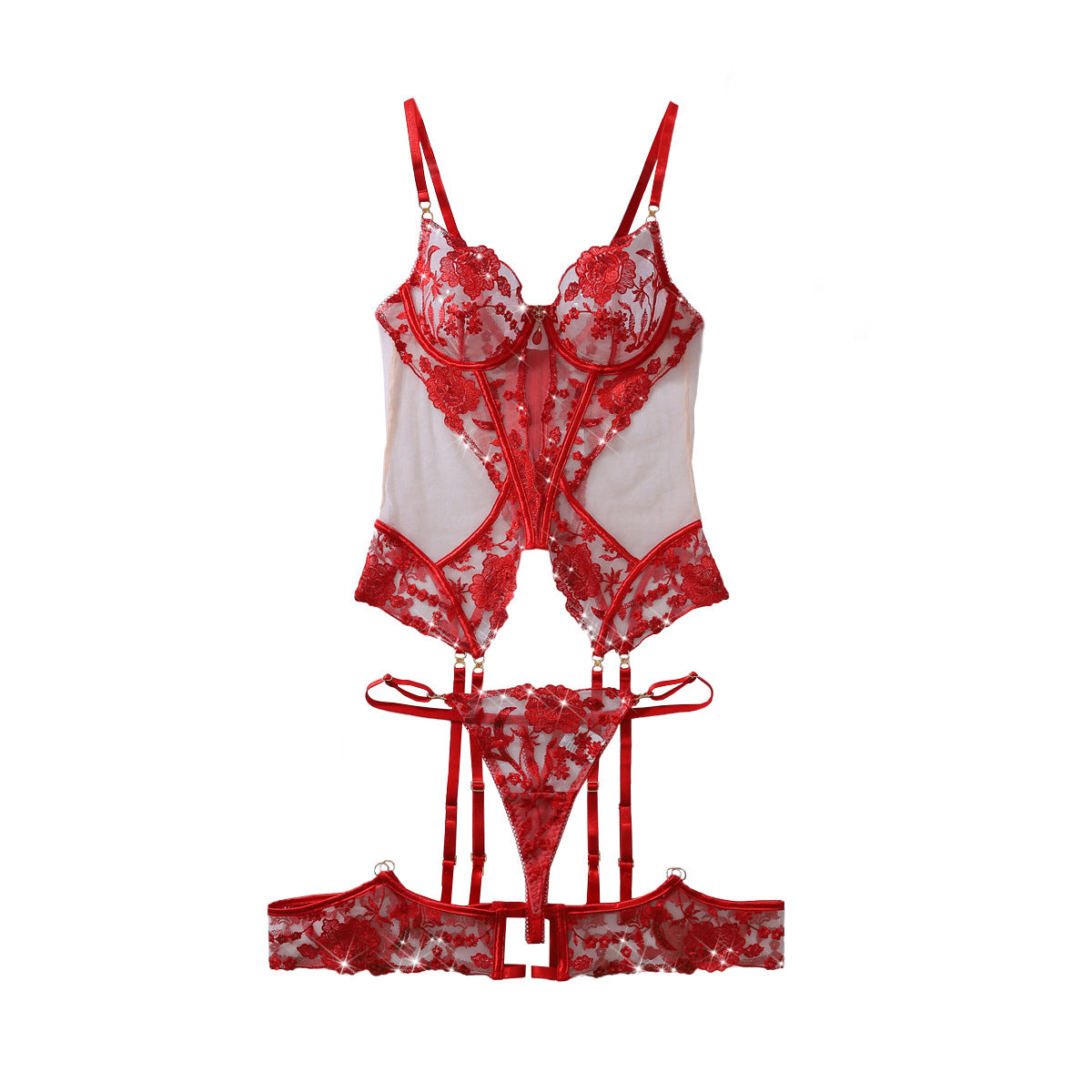 Gem Decoration Heavy Craft Rose Embroidered Slim Shaping Underwear Split Suit