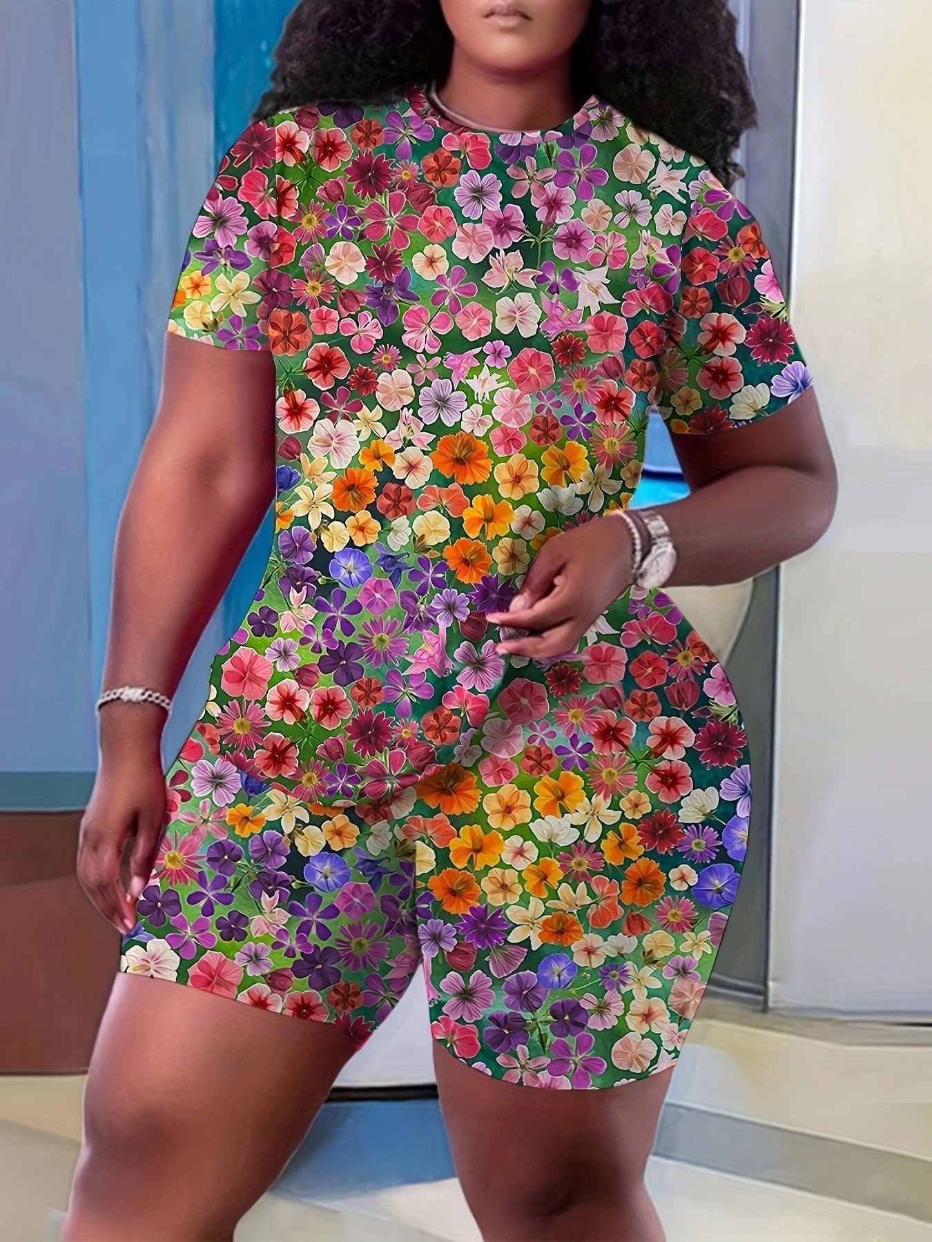 European And American Crew Neck Casual Printing Suit T-shirt And Shorts Two-piece Set