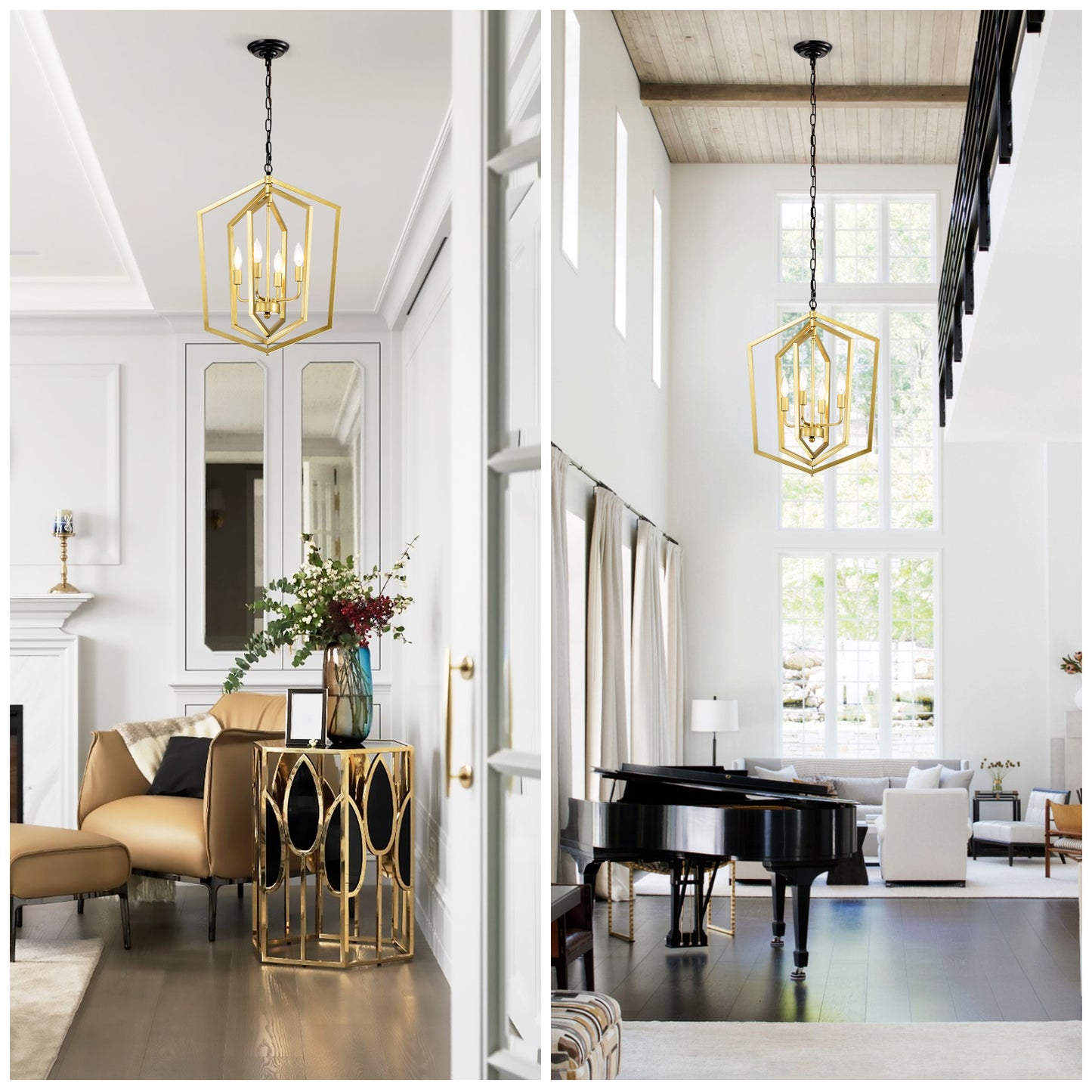 4-Light Farmhouse Kitchen Chandeliers, Vintage Cage Light Fixture Adjustable Height Chandeliers For Dining Room Hallway Foyer Entryway E12 Bulbs Not Included-GOLD MATTE BLACK