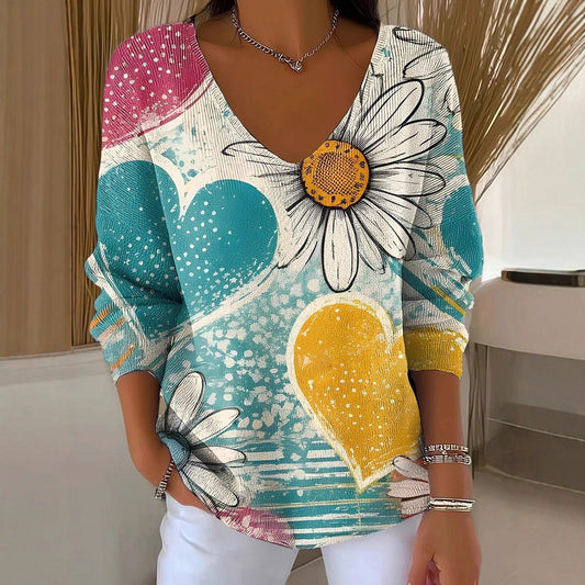 Women's V-neck 3D Printed Fashion Loose Cool Sweater