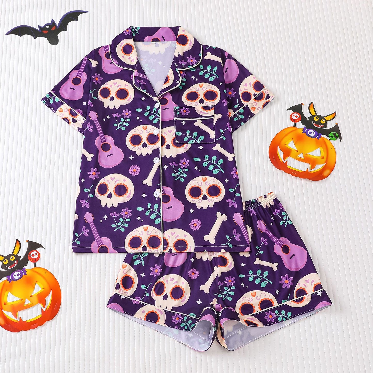 Cuban Collar Halloween Pumpkin Head Women's Short Sleeve Suit