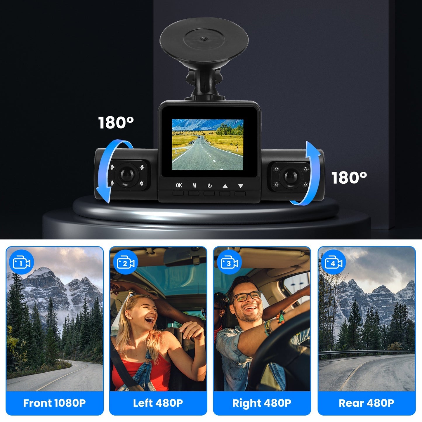 1Pc 360 Degree View FHD 4 Channel Dash Cam 1080P Front 480P Rear Left Right Inside Dash Camera With IR Night Vision Loop Recording Motion Detection Free 32GB MMC Card