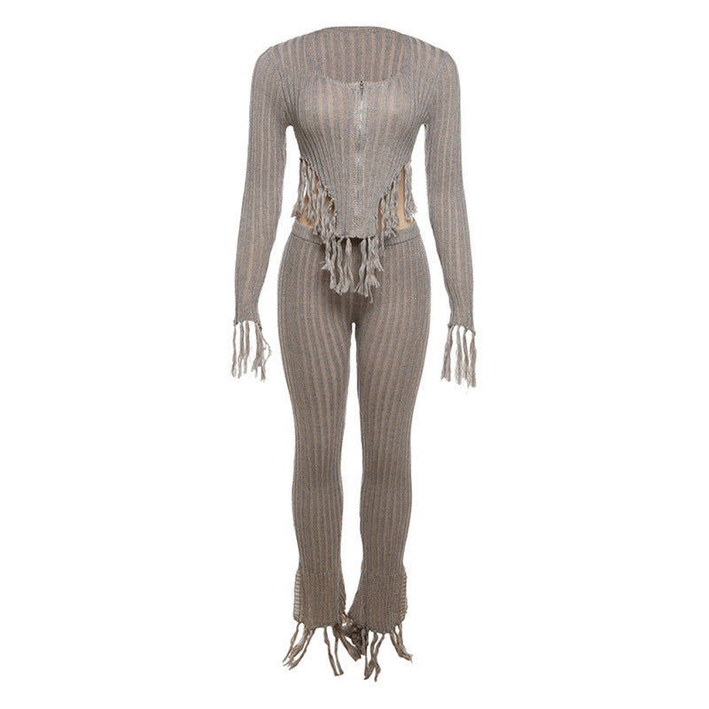 Irregular Tassel Long-sleeve Zipper Knitted High Waist Trousers Two-piece Set