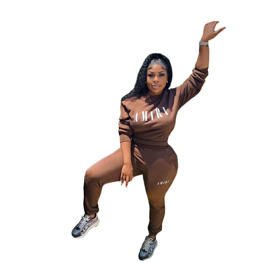 Printed Crew Neck Sweatshirt Two-piece Suit