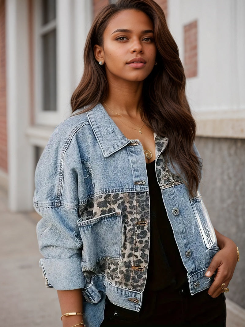 Women's Leopard Patch Short Jacket, Fashionable Street Outdoor Style, Women's Leopard Print Denim Jacket, Cool And Casual