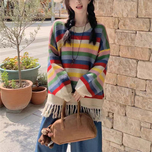Rainbow Striped Tassel Hollow Out Sweater