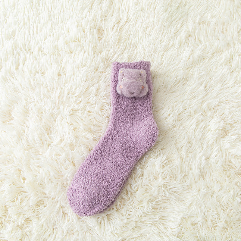Cute Three-dimensional Animals Wear Warm Socks Outside At Home