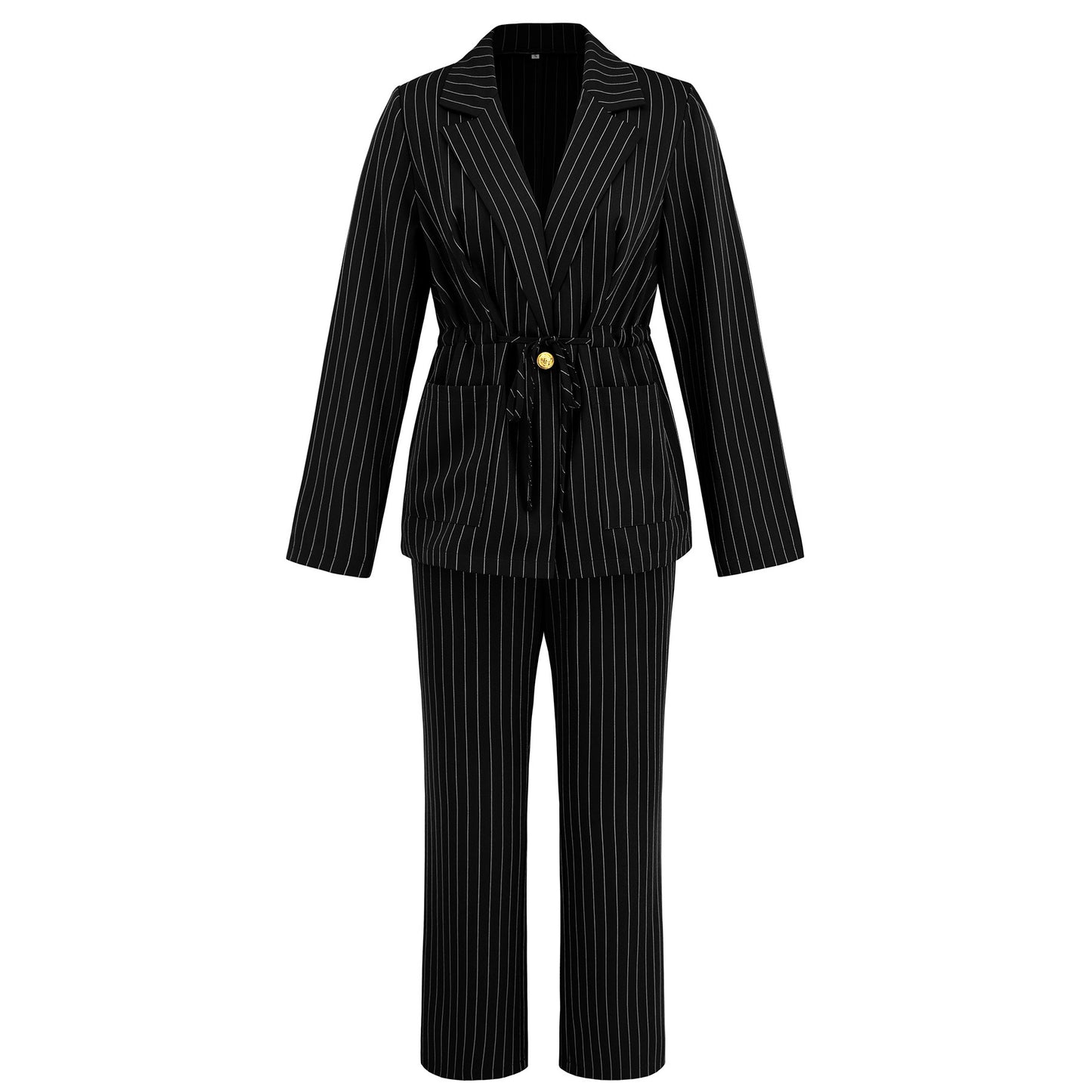 Fashion Striped Lapel Two-piece Suit Suit Drawstring Coat Trousers