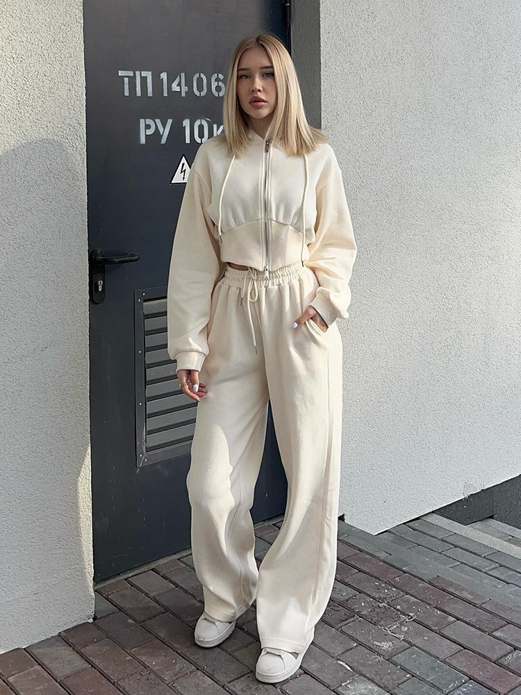 Long Sleeve Zipper Hooded Sweater Solid Color Laced Pants Two-piece Set