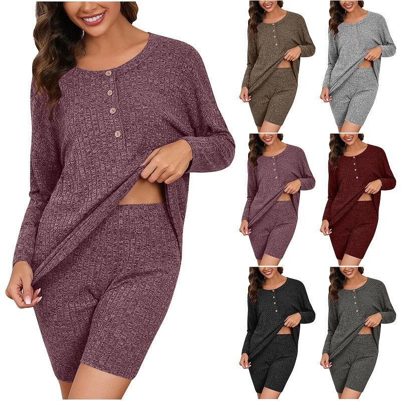 Women's Chic Rib Knitted Long-sleeved Top Shorts