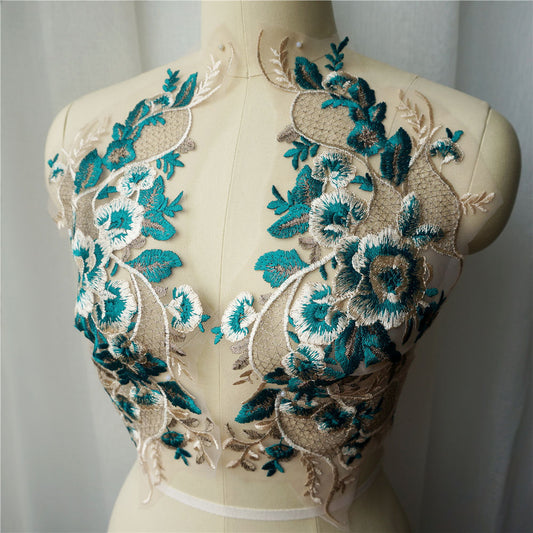 Green Evening Gown Accessories Chest Decoration Colorful Gold Thread Ornaments Decal Lace