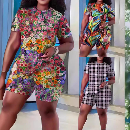 European And American Crew Neck Casual Printing Suit T-shirt And Shorts Two-piece Set