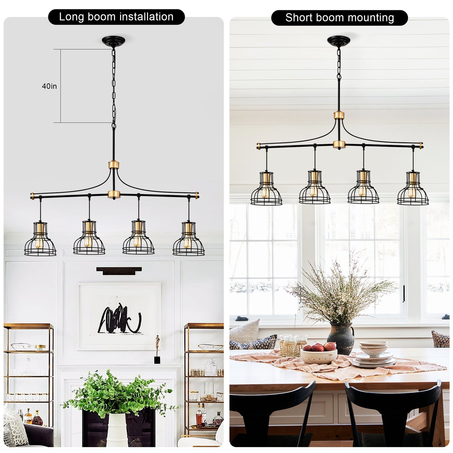 Dining Room Light Fixture Chandelier Over Table, 40-Inch Hanging For Farmhouse Linear Chandeliers,4-Light Kitchen Island Lighting,Matte Black And Matte Gold Ceiling Chandelier,with Metal Lampshade