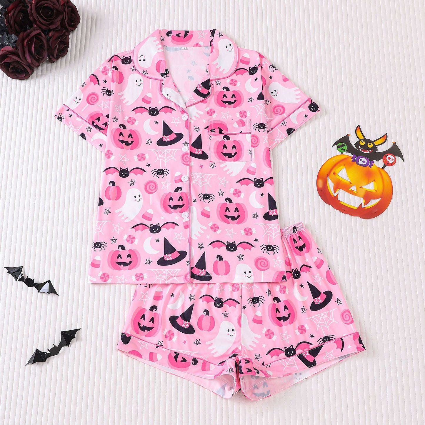 Cuban Collar Halloween Pumpkin Head Women's Short Sleeve Suit