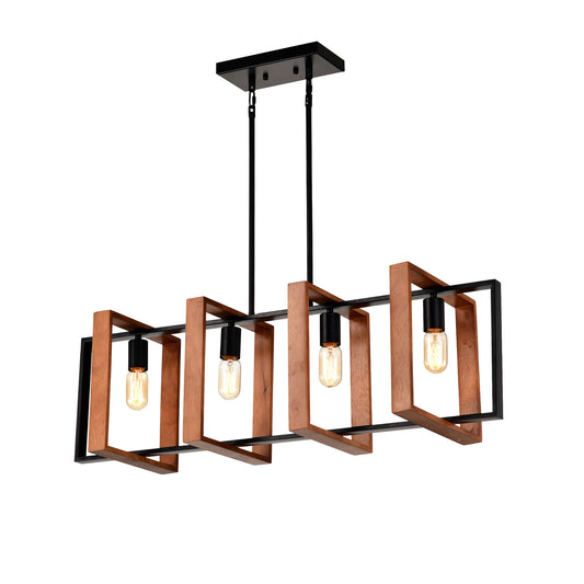 4-Light Kitchen Island Lights Pendant Light Farmhouse Dining Room Light Fixture, Rustic Wood And Black Metal Rectangular Chandelier,