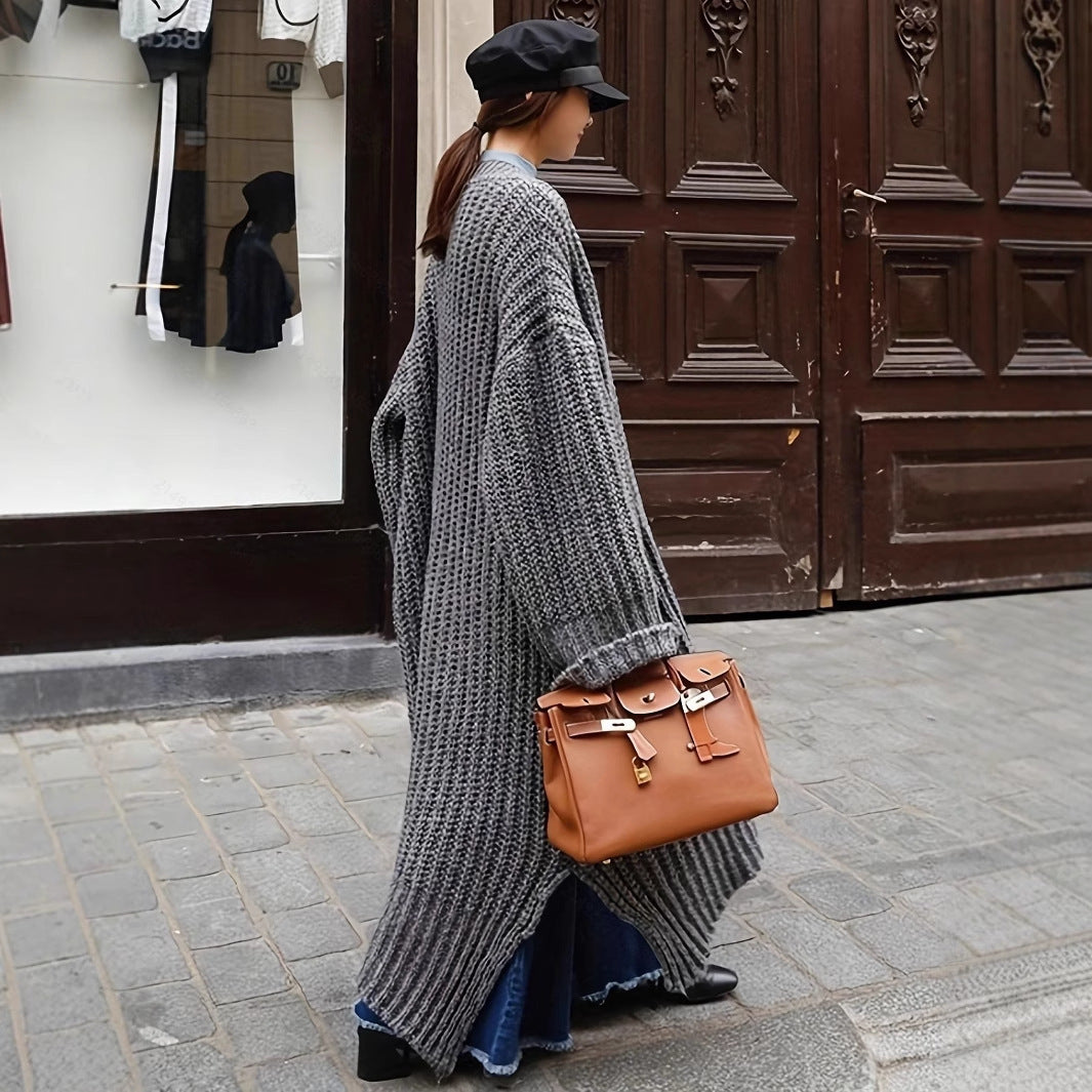Women's Winter Extended Thick Thread Sweater Coat Loose Slit Knit Cardigan