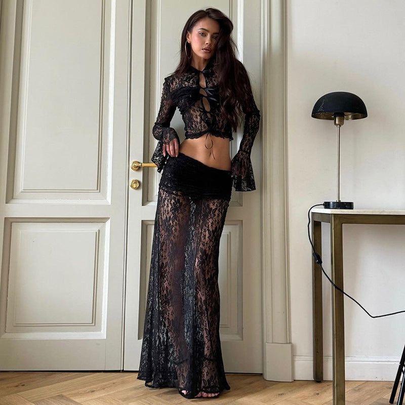 Lace See-through Sexy Lace-up High Waist Skirt Suit Two-piece Set