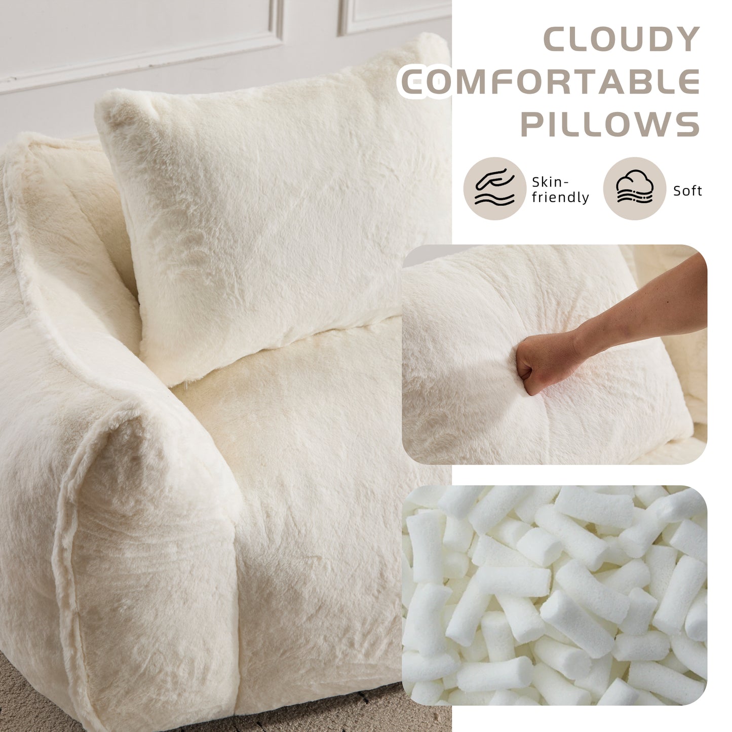 Giant Bean Bag Couch For Adults, Ultra Soft Fluffy Loveseat Bean Bag Sofa, Oversized Chase Lounge Chair Indoor For Living Room Bedroom, No Assembly Required Cozy Reading Chair With Pillows, White