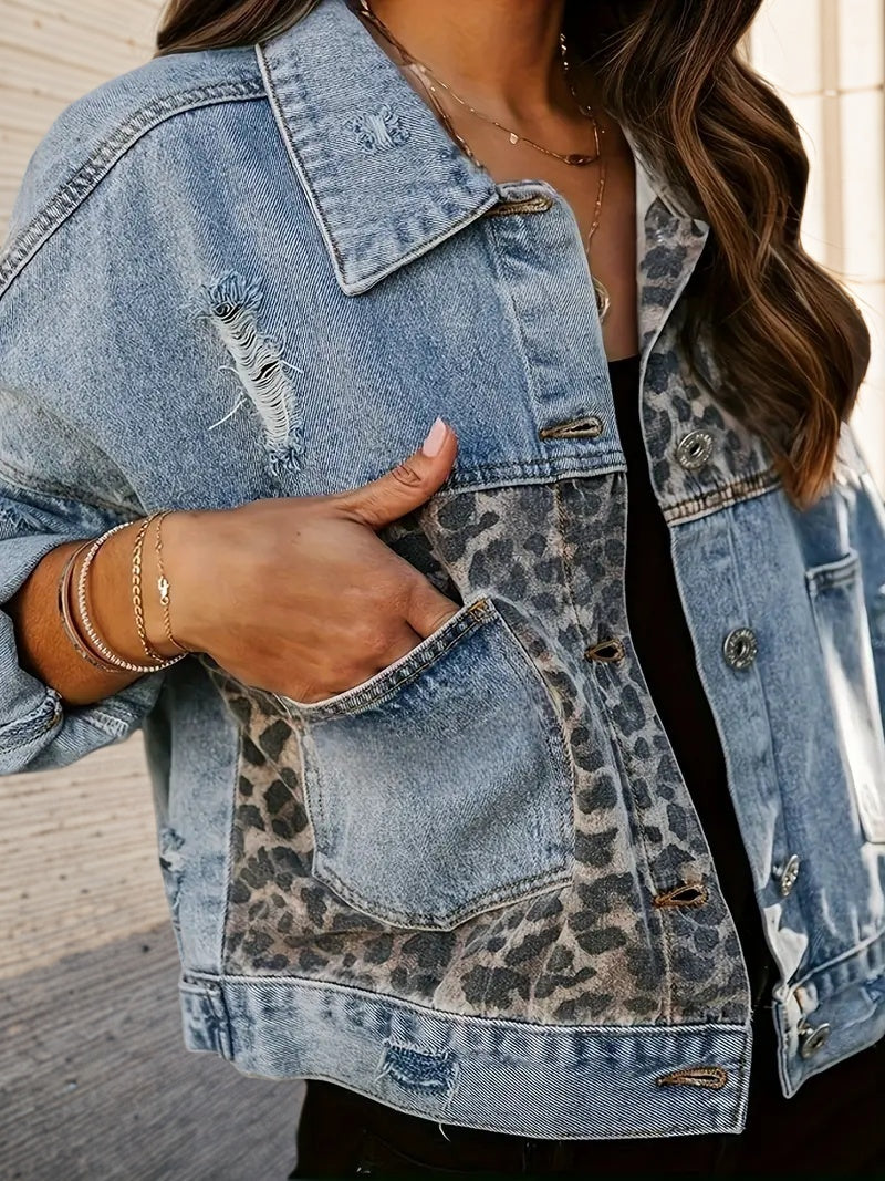 Women's Leopard Patch Short Jacket, Fashionable Street Outdoor Style, Women's Leopard Print Denim Jacket, Cool And Casual