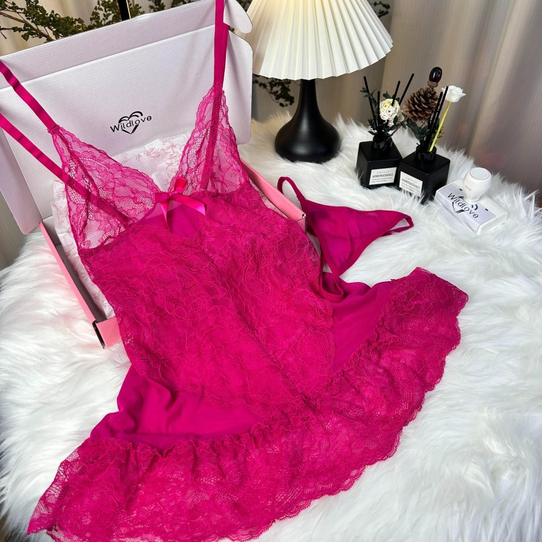 Women's One Piece Sexy And Cute Style Lace Cami NiahtdressRuffle Hem Sheer Babydoll Chemise Nightgown,fashionsleepwear Sultry Lingerie