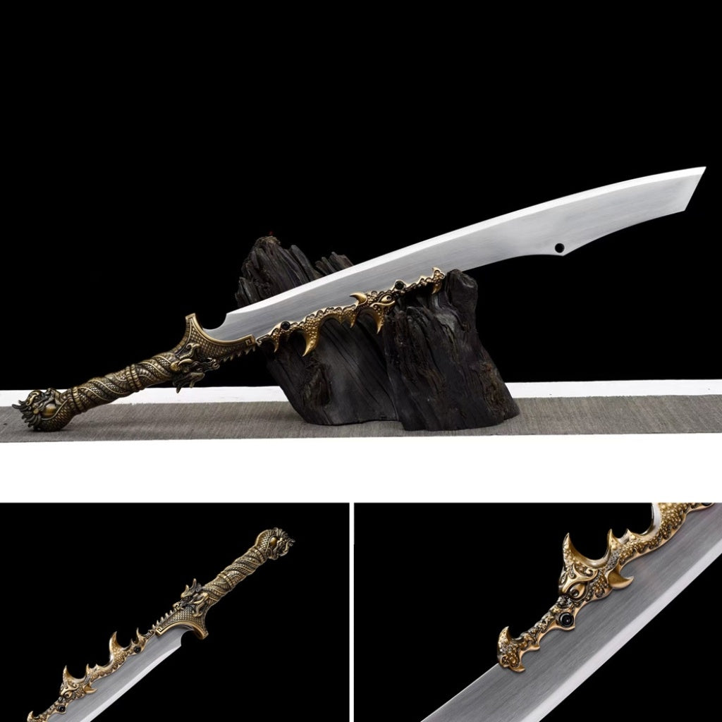 Integrated Blades Flaming Frenzy Saber, Dragon Slaying Saber, Long Style Ox Tail Saber  High Manganese Steel Unsharpened Cold Weapon Crafts