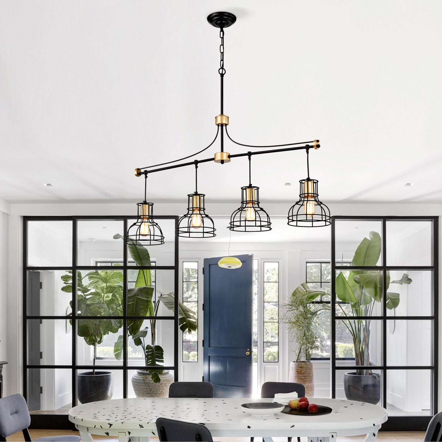 Dining Room Light Fixture Chandelier Over Table, 40-Inch Hanging For Farmhouse Linear Chandeliers,4-Light Kitchen Island Lighting,Matte Black And Matte Gold Ceiling Chandelier,with Metal Lampshade