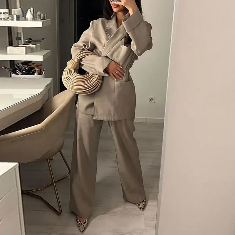 Simple Solid Color Wide Leg Trousers Women's Elegant Lace-up