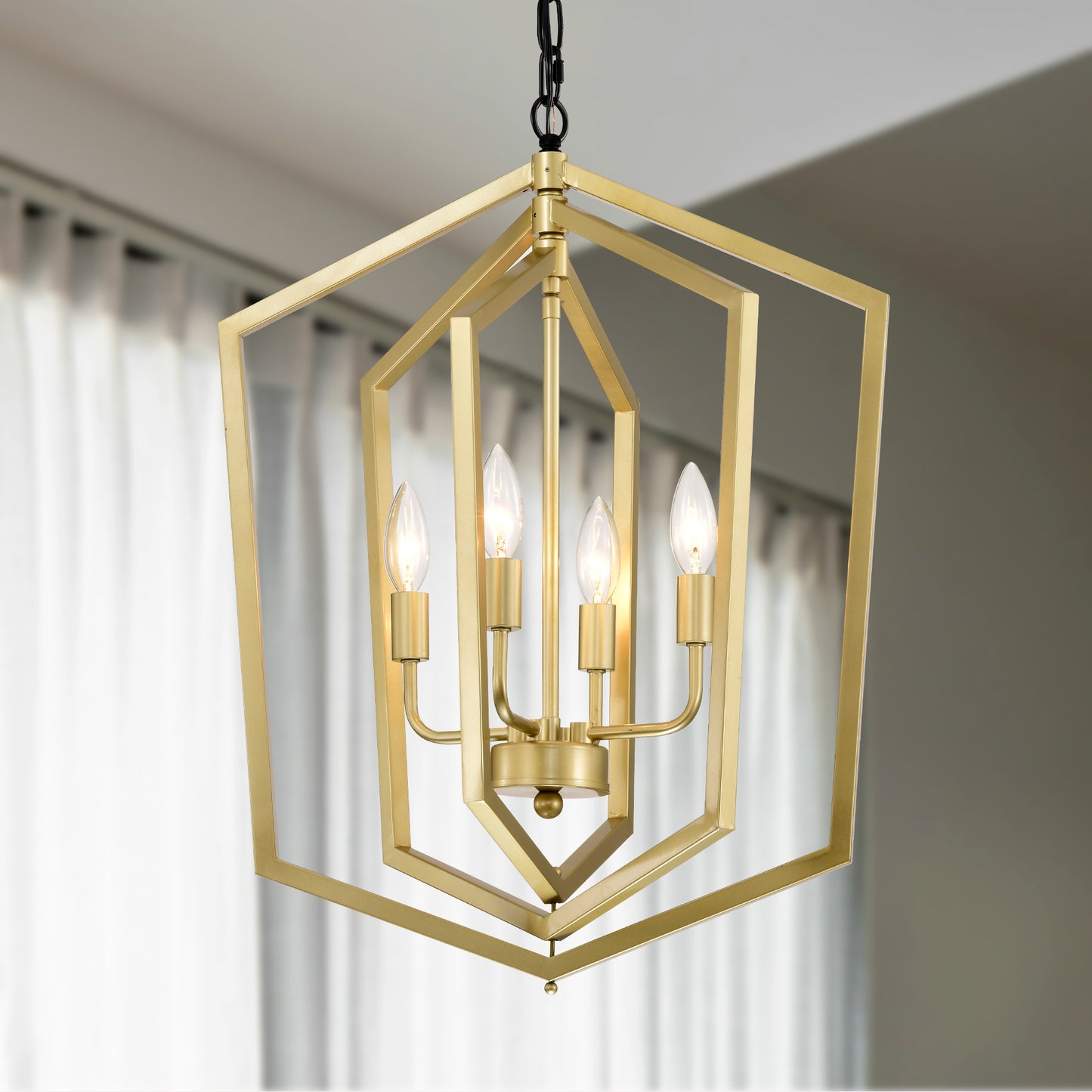 4-Light Farmhouse Kitchen Chandeliers, Vintage Cage Light Fixture Adjustable Height Chandeliers For Dining Room Hallway Foyer Entryway E12 Bulbs Not Included-GOLD MATTE BLACK