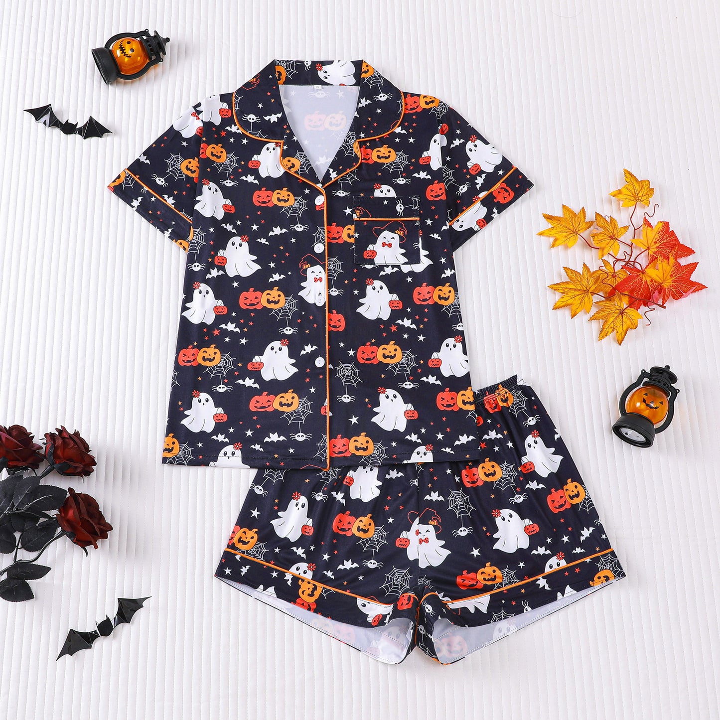 Cuban Collar Halloween Pumpkin Head Women's Short Sleeve Suit