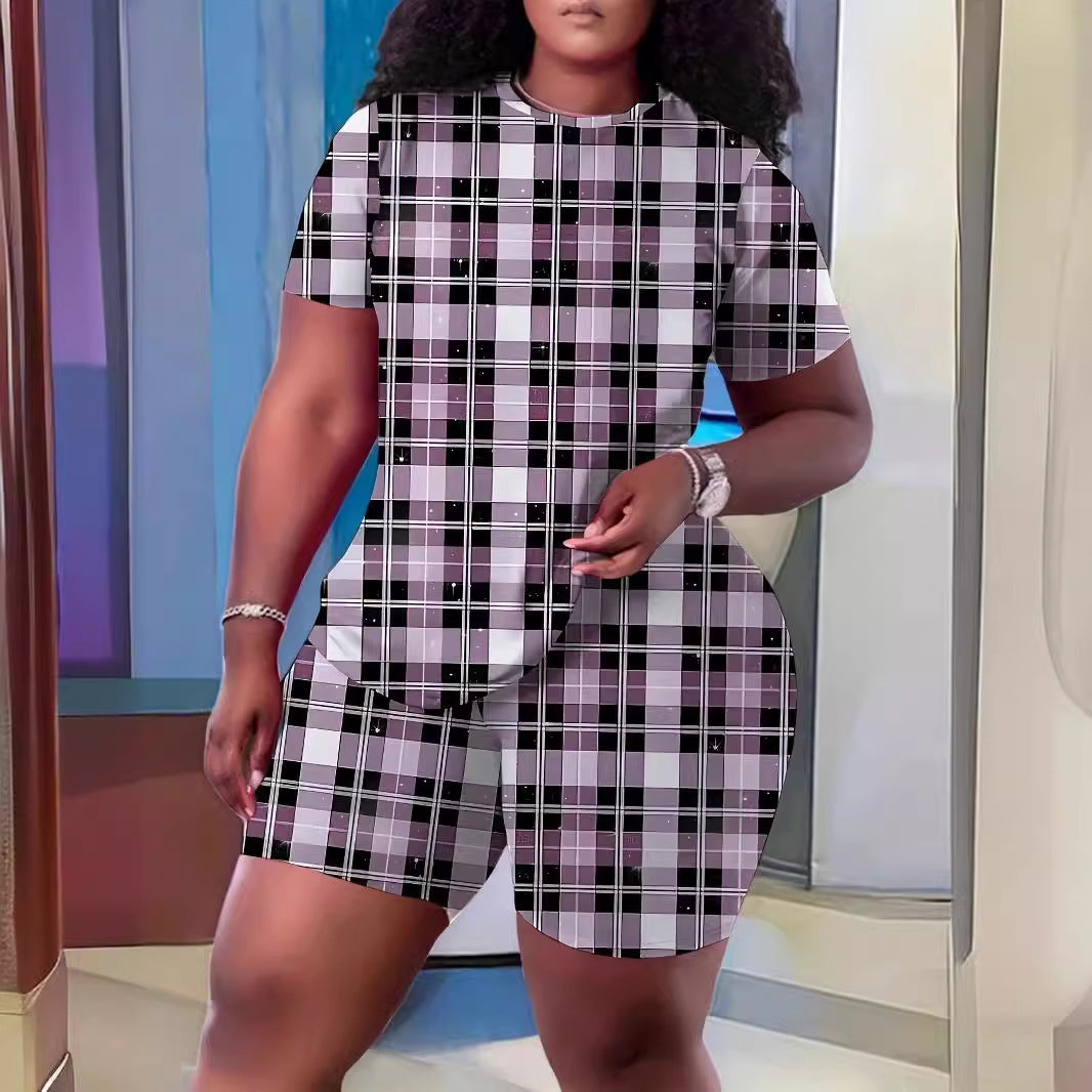 European And American Crew Neck Casual Printing Suit T-shirt And Shorts Two-piece Set