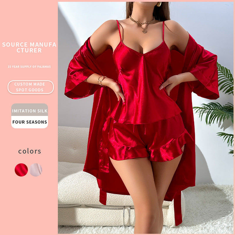 Women's Imitation Silk Suspender Shorts Outer Robe Set