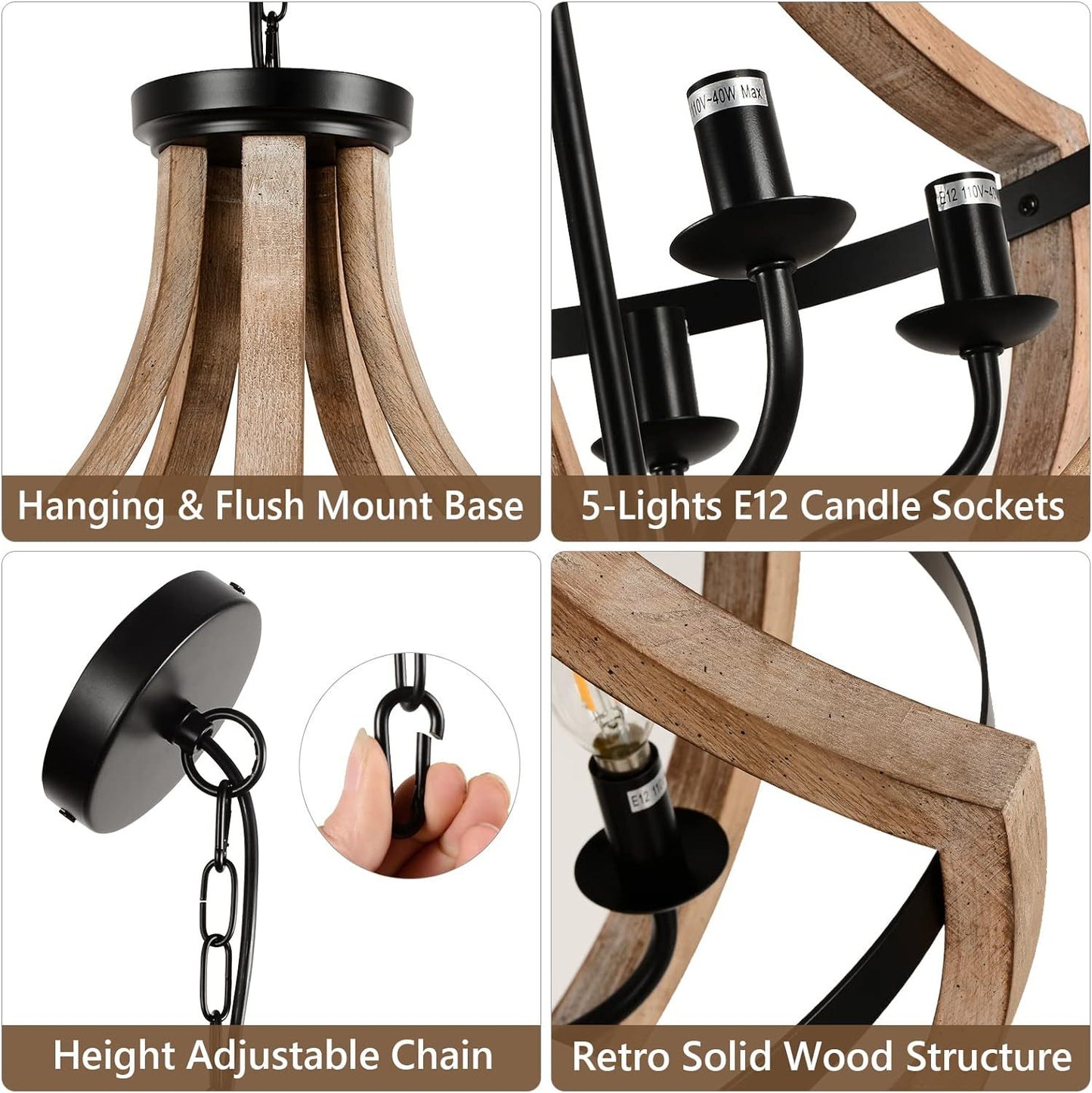 Solid Wood Modern Chandelier For Dining Room, Living Room, Kitchen, Island, Bedroom, Foyer, Height Adjustable, Brown Unavailable Platforms- Welfel
