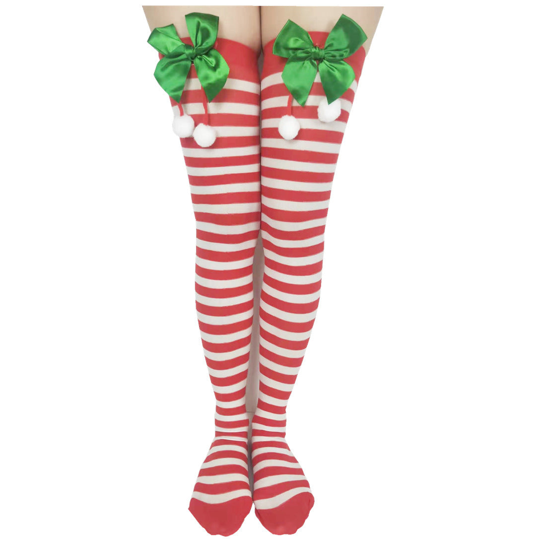 Christmas Striped Socks With Bow Fur Balls