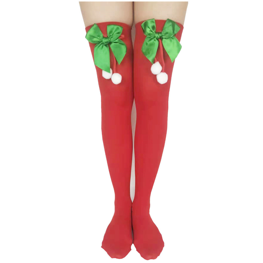Christmas Striped Socks With Bow Fur Balls